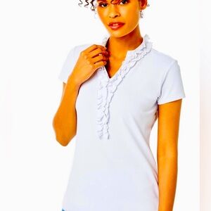 Lilly Pulitzer Frida Ruffle Polo UPF 50+ Avalon Embroidery Resort White EUC